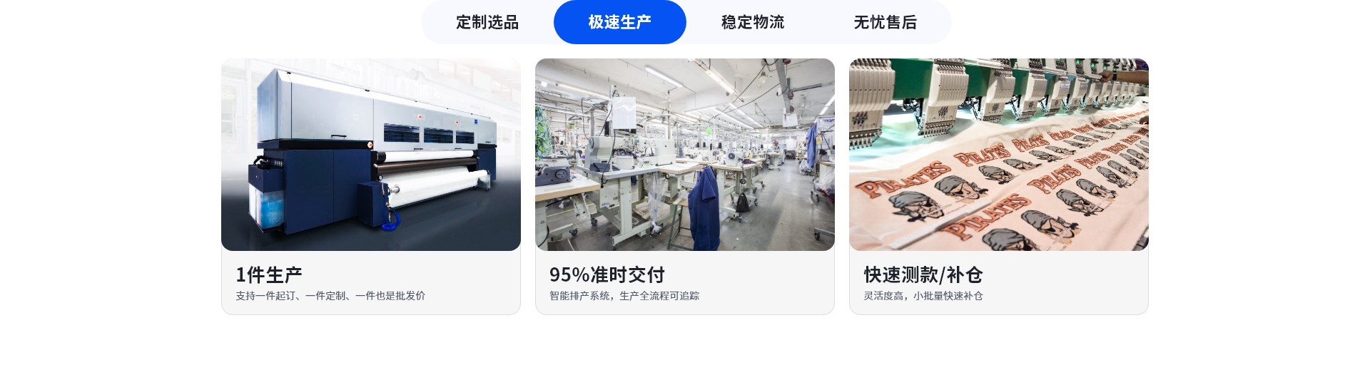 POD定制产品极速生产：1件生产，支持一件起订，一件定制，一件也是批发价；95%准时交付，智能排产系统，生产全流程可追踪；快速测款/补仓，灵活度高，小批量快速补仓